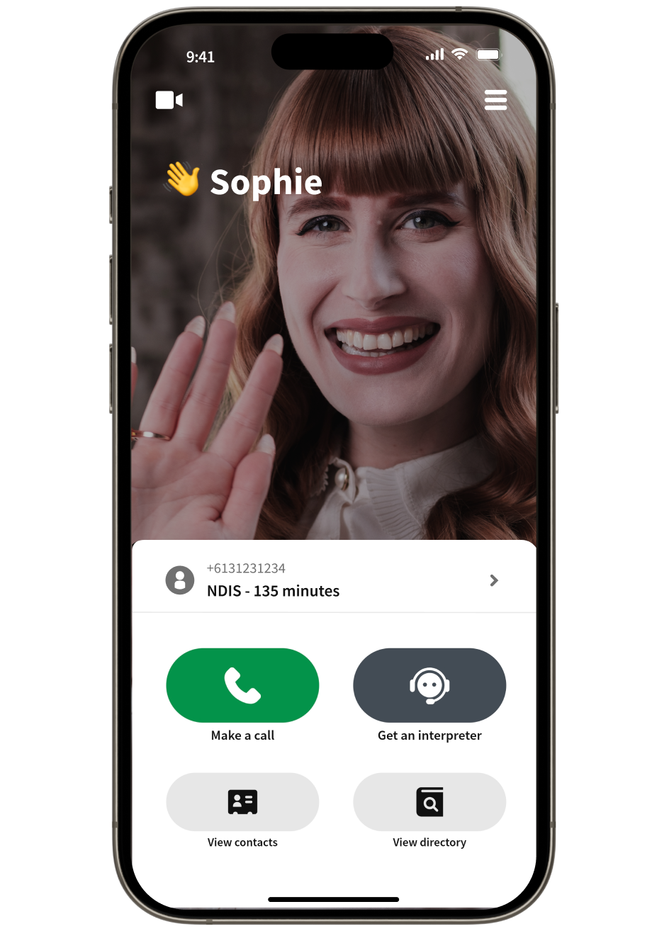A woman with long red hair is wearing a white blouse. She is featured on the review display within the demo of the Convo Now app.