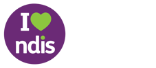 White text 'I', green heart, and white text 'NDIS' inside a purple circle. On the right side, white text reads 'REGISTERED NDIS PROVIDER'..