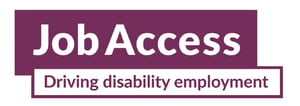 A maroon-coloured logo featuring the text "Job access" in bold white letters, positioned prominently at the top. Below the text, there is a tagline that reads "Driving disability employment" in smaller maroon font. 