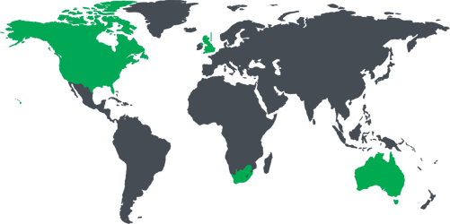 A map with Convo Global locations highlighted in green, representing the United States of America, UK, Canada, South Africa, and Australia. The rest of the countries are shown in dark grey.