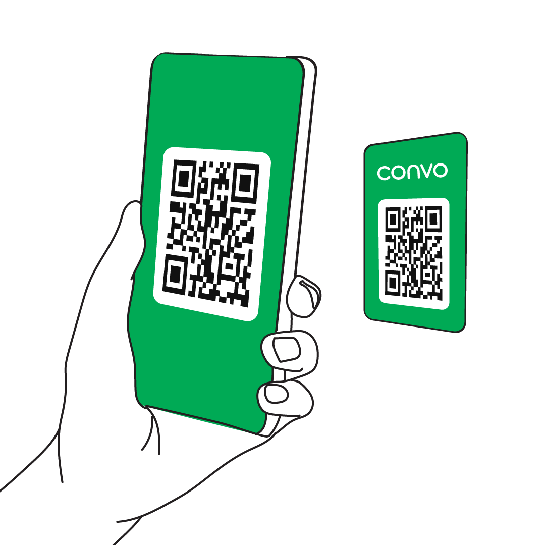 Illustration of a hand holds a phone, scanning a QR code on a green sticker. The sticker features the white Convo logo and a black-and-white QR code. Illustration of a hand holds a phone, scanning a QR code on a green sticker. The sticker features the white Convo logo and a black-and-white QR code.