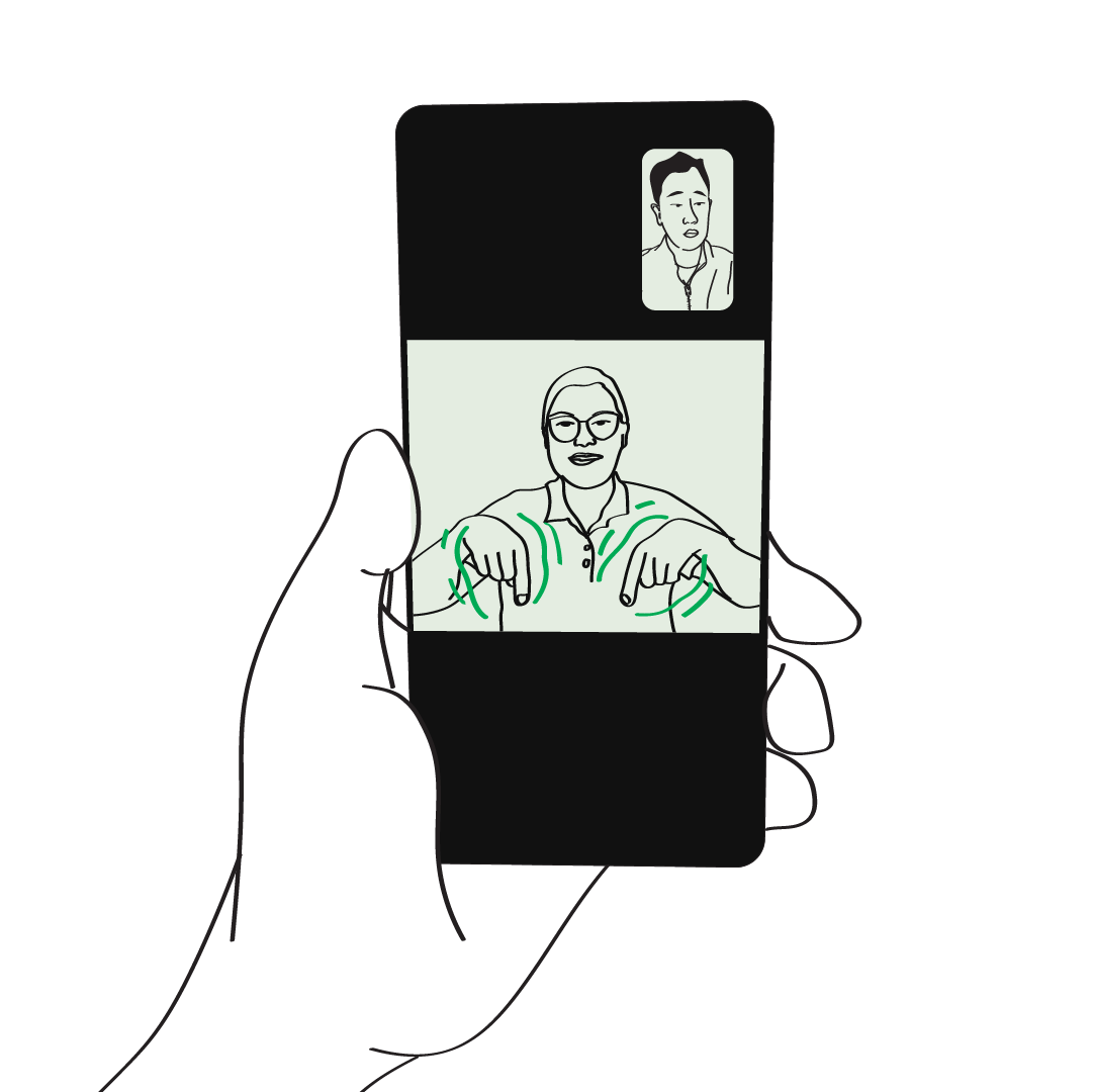 Illustration of a hand holds a phone showing an interpreter signing on screen. In the top right corner, there's a video preview of an Asian man. Illustration of a hand holds a phone showing an interpreter signing on screen. In the top right corner, there's a video preview of an Asian man.