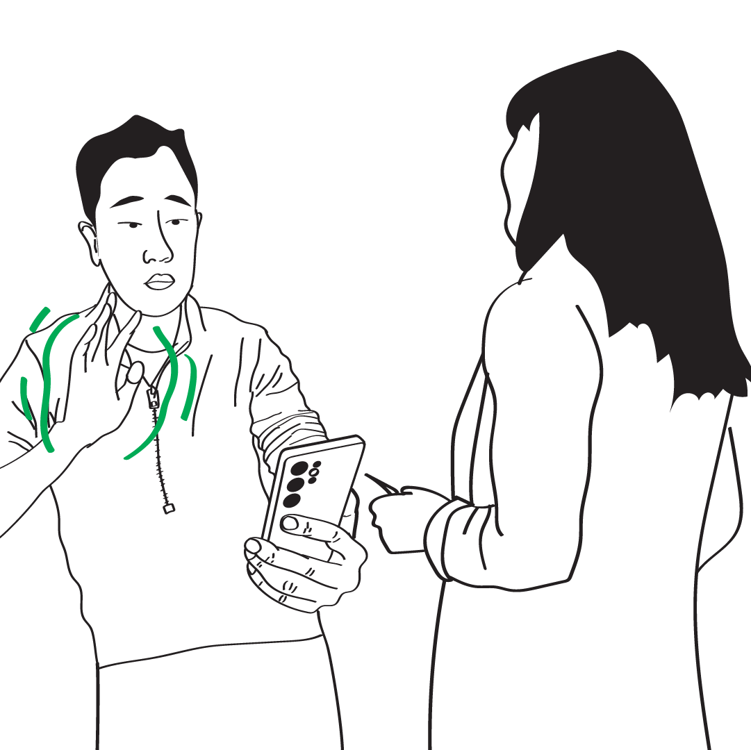 Illustration of an Asian man uses Convo Access on his phone to communicate in Auslan with a female shopkeeper in person. Illustration of an Asian man uses Convo Access on his phone to communicate in Auslan with a female shopkeeper in person.