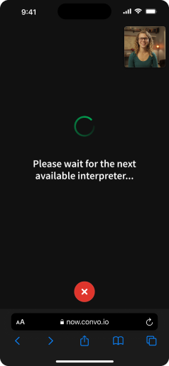 Demonstration of the pending message display, "Please wait for the next available interpreter..." in a web browser. Demonstration of the pending message display, "Please wait for the next available interpreter..." in a web browser.